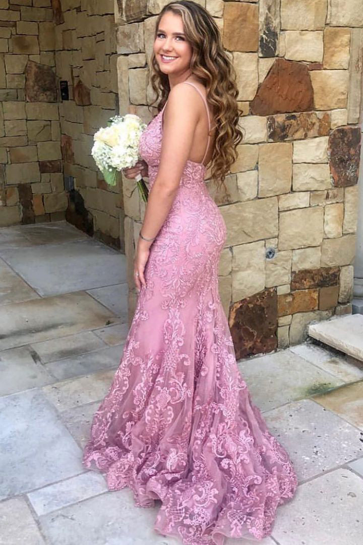 Spaghetti Straps Mermaid Lace Pink Long Prom Dress