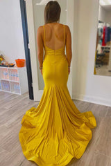 Spaghetti Straps Mermaid Yellow Pleated Long Prom Dress-27dress