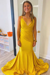 Spaghetti Straps Mermaid Yellow Pleated Long Prom Dress-27dress