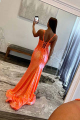 Spaghetti Straps Orange Sequin Long Prom Dress with Appliques-27dress