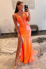 Spaghetti Straps Orange Sequin Long Prom Dress with Appliques-27dress