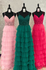 Spaghetti Straps Pink Lace Corset Layered Tulle Formal Dress-27dress