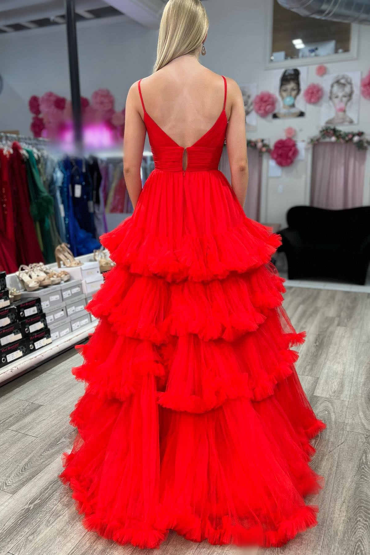 Spaghetti Straps Red Corset Tiered Tulle Long Formal Dress-27dress