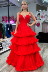 Spaghetti Straps Red Corset Tiered Tulle Long Formal Dress-27dress