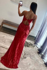 Spaghetti Straps Sequined High Slit Mermaid Long Formal Dress-27dress