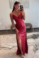 Spaghetti Straps Sequined High Slit Mermaid Long Formal Dress-27dress