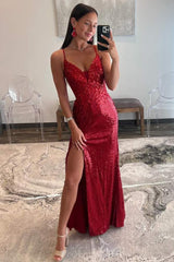 Spaghetti Straps Sequined High Slit Mermaid Long Formal Dress-27dress