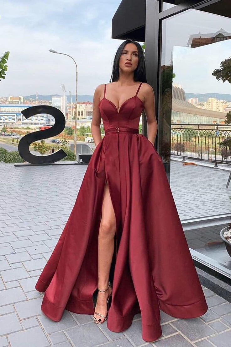 Spaghetti Straps Sweetheart A-Line Long Prom Dress with Slit-27dress