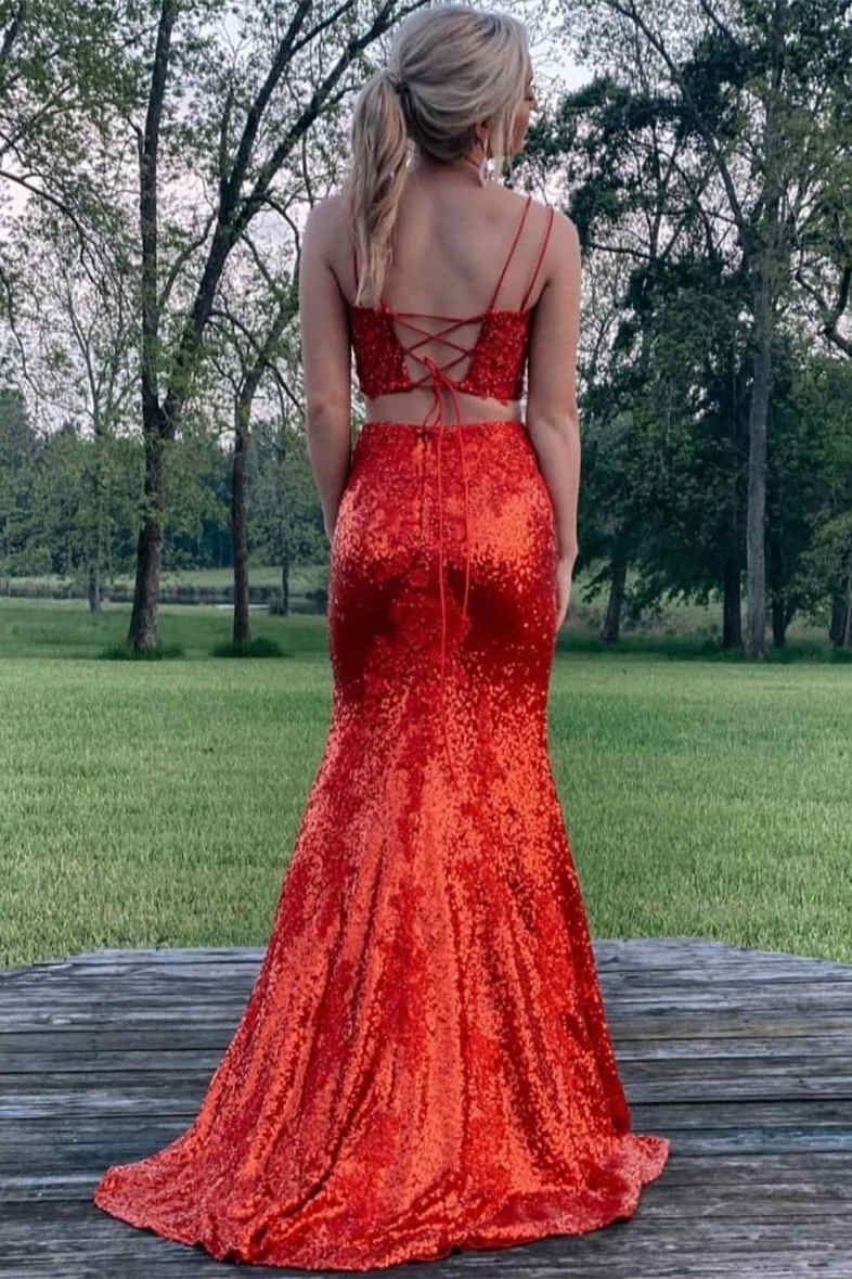 Spaghetti  Straps Two Piece Red Sequins Prom Dress with Slit