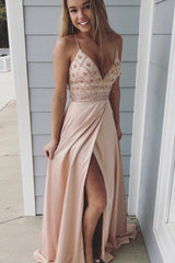 Spaghetti Straps V-neck Beaded Pink Prom Dress with Slit-27dress