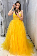 Spaghetti Straps Yellow Tulle Long Formal Dress