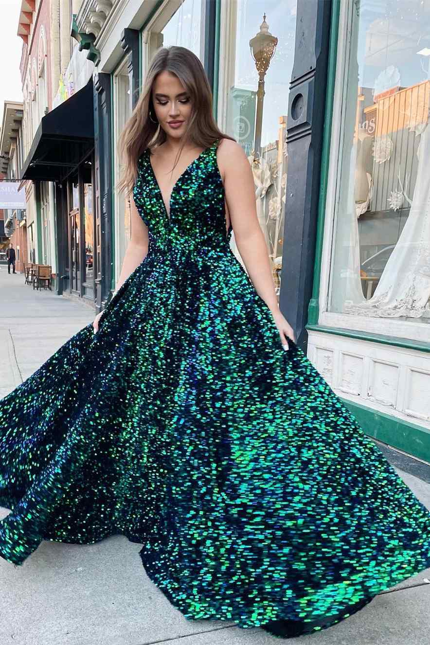 Sparkle Dark Green Sequins Long Prom Dress with Pockets-27dress