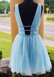 Sparkle in Style with A-line V Neck Sleeveless Tulle Short/Mini Homecoming Dress With Beading Glitter-27dress