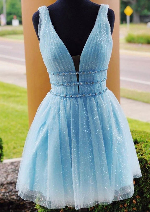 Sparkle in Style with A-line V Neck Sleeveless Tulle Short/Mini Homecoming Dress With Beading Glitter-27dress