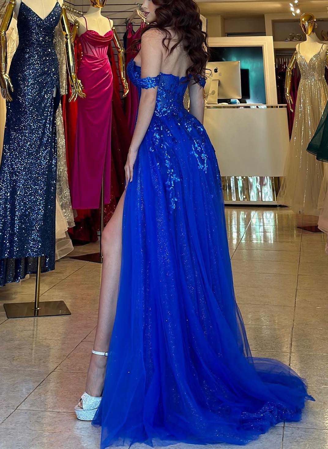 Sparkle in Style with this Lace Off-The-Shoulder A-Line Slit Prom Dress-27dress