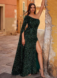 Sparkle One-Shoulder Prom Dress with Sweep Train and Long Sleeves-27dress