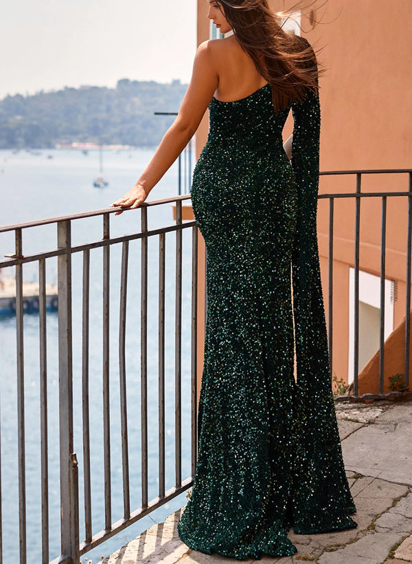 Sparkle One-Shoulder Prom Dress with Sweep Train and Long Sleeves-27dress