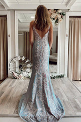 Sparkle Spaghetti Straps Mermaid Long Prom Dress with Appliques-27dress