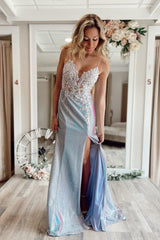 Sparkle Spaghetti Straps Mermaid Long Prom Dress with Appliques-27dress