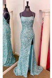 Sparkle Tiffany Blue Sequins Long Prom Dress with Slit