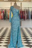 Sparkly Blue Sequind Long Sleeve Prom Dress