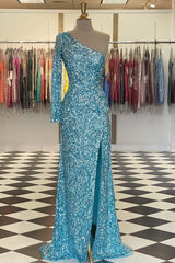 Sparkly Blue Sequined One Long Sleeve Prom Dress-27dress