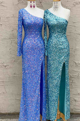 Sparkly Blue Sequined One Long Sleeve Prom Dress-27dress