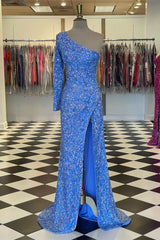 Sparkly Blue Sequined One Long Sleeve Prom Dress-27dress