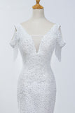 Sparkly Sequined V-Neck Cold-Shoulder White Wedding Dress White Mermaid Lace Appliques Bridal Gowns On Sale-27dress