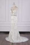 Sparkly Sequins Straps V-Neck Wedding Dress Beadings Sleeveless Bridal Gowns with Sash On Sale-27dress