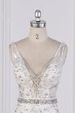 Sparkly Sequins Straps V-Neck Wedding Dress Beadings Sleeveless Bridal Gowns with Sash On Sale-27dress