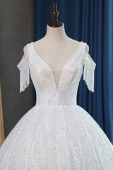 Sparkly Sequins White Tulle Ball Gown Wedding Dress Cold-Shoulder V-Neck Bridal Gowns with Tassels On Sale-27dress