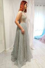 Sparkly A-Line Plunging Neck Blackless Silver Long Prom Dress