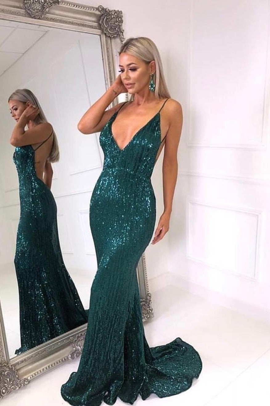 Sparkly V Neck Backless Mermaid Sequined Long Prom Dress-27dress