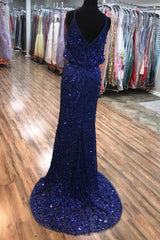 Sparkly V Neck Straps Navy Blue Sequin Long Prom Dress