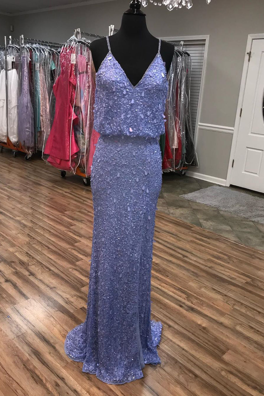 Sparkly V Neck Straps Navy Blue Sequin Long Prom Dress