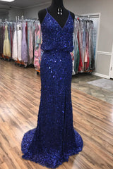 Sparkly V Neck Straps Navy Blue Sequin Long Prom Dress