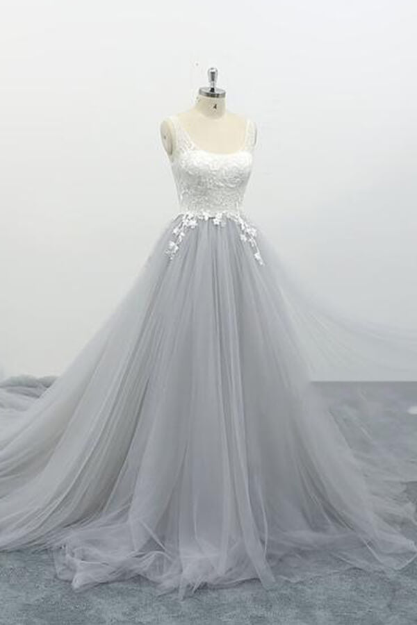 Square Neck Appliques Tulle A-line Wedding Dress On Sale-27dress