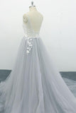 Square Neck Appliques Tulle A-line Wedding Dress On Sale-27dress