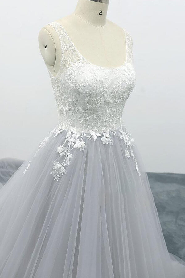 Square Neck Appliques Tulle A-line Wedding Dress On Sale-27dress