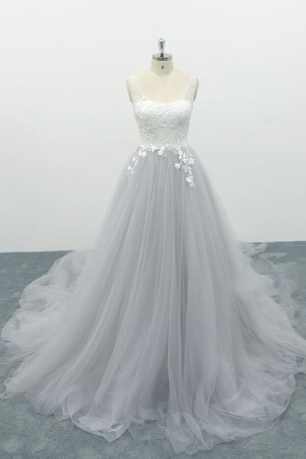 Square Neck Appliques Tulle A-line Wedding Dress On Sale-27dress