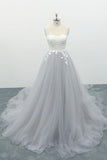 Square Neck Appliques Tulle A-line Wedding Dress On Sale-27dress