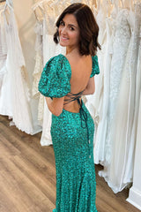 Square Neck Emerald Green Sequin Mermaid Prom Dress