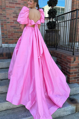 Square Neck Fuchsia Puff Sleeves A-Line Prom Dress