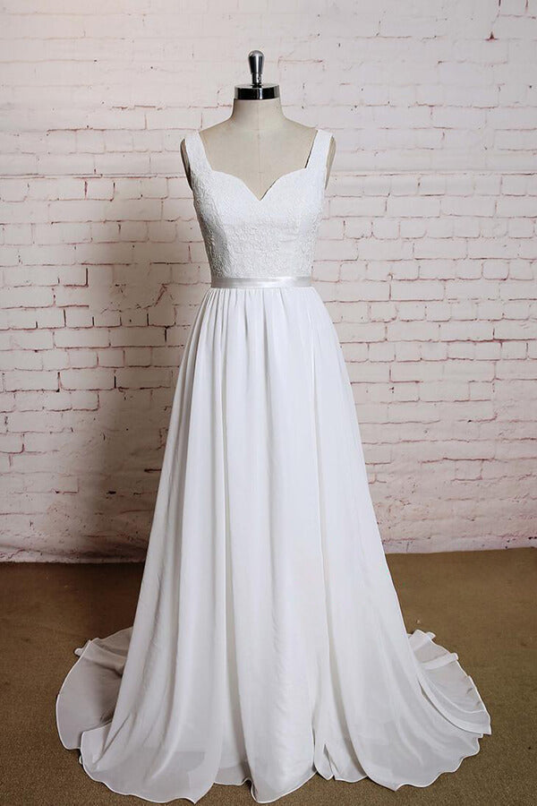 Square Neck Lace Chiffon A-line Wedding Dress On Sale-27dress