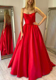 Square Neckline Ball Gown Satin Prom Dress With Pleated Pockets and Sweep Train-27dress