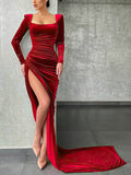 Square Neckline Velvet Long Sleeves Ruffles Prom Dress with Sheath/Column Sweep Train