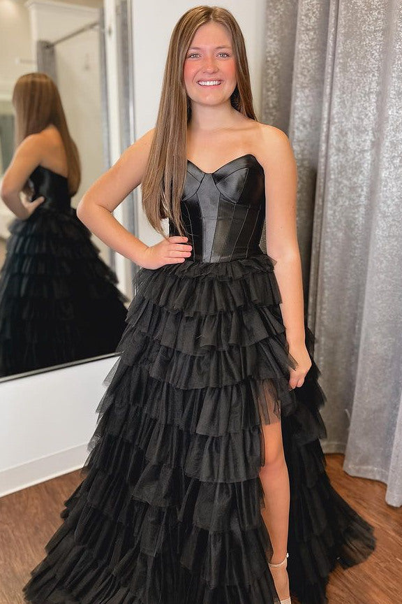 Strapless Black Corset A-Line Layered Prom Dress with Slit