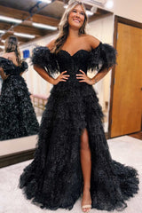 Strapless Black Corset A-Line Tiered Long Formal Dress with Slit