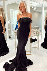 Strapless Black Feathers Mermaid Long Party Dress